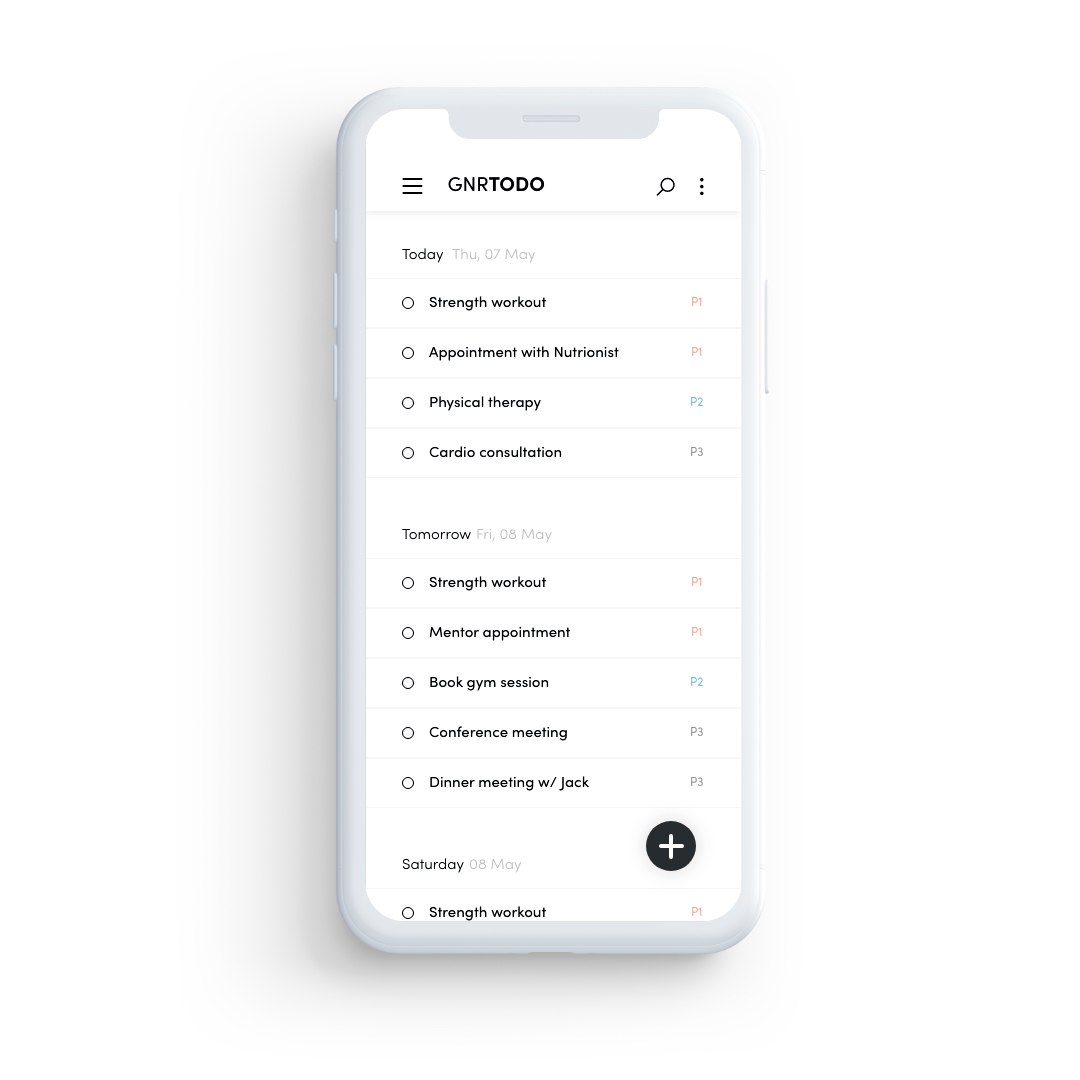 List of to-do items and a button to create new entry in a to-do app's home screen