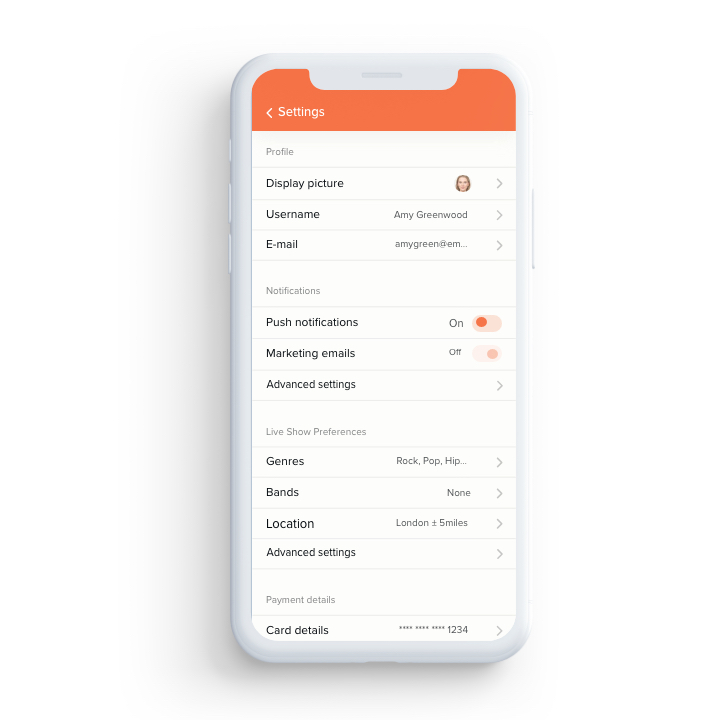 Settings screen to manage profile, notifications, preferences and payment options