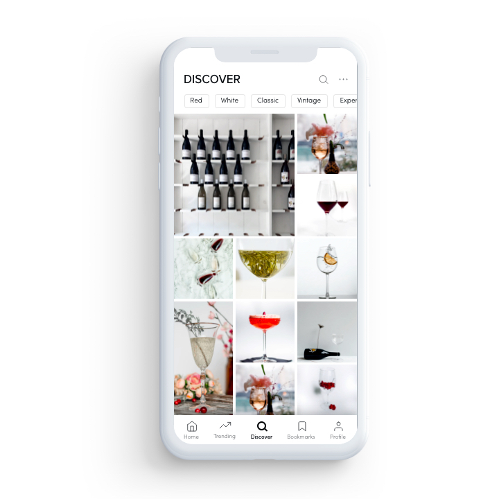 A discovery feed of wine images with quick search options on top