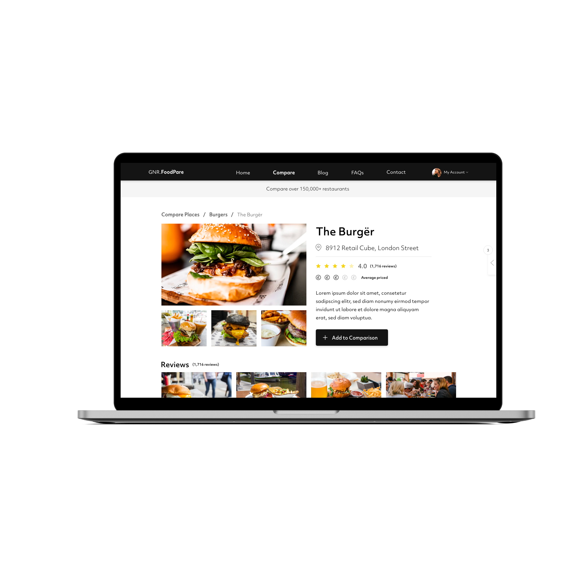 A restaurant's location, description, ratings, expensiveness and reviews with button to add to comparison