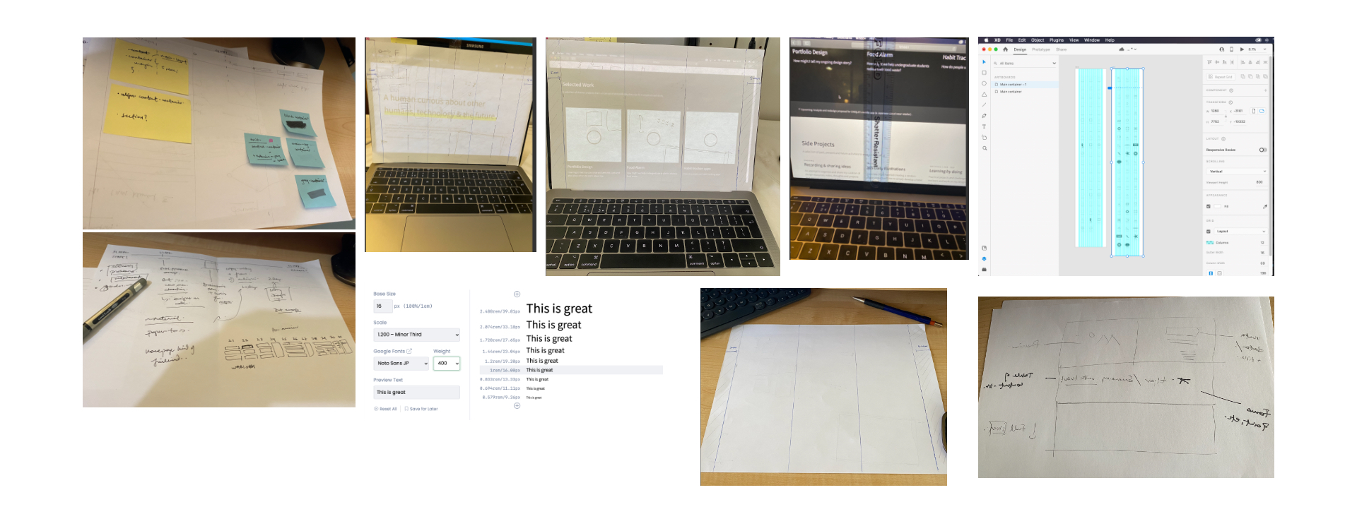 Behind the scenes of the process including laptop screens, paper sketches