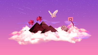 Pyramids, owls, tiger and basketball hoop on a cloud.