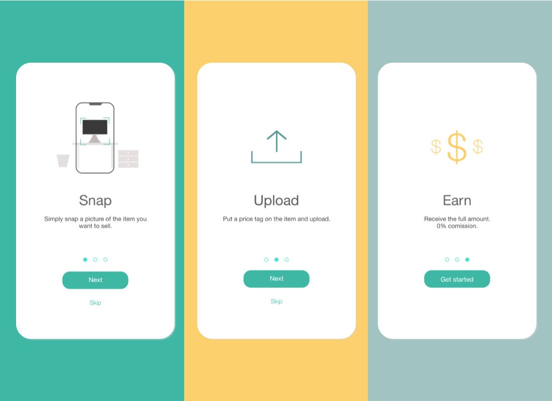 Onboarding screens stating snap, upload and earn 
                                        