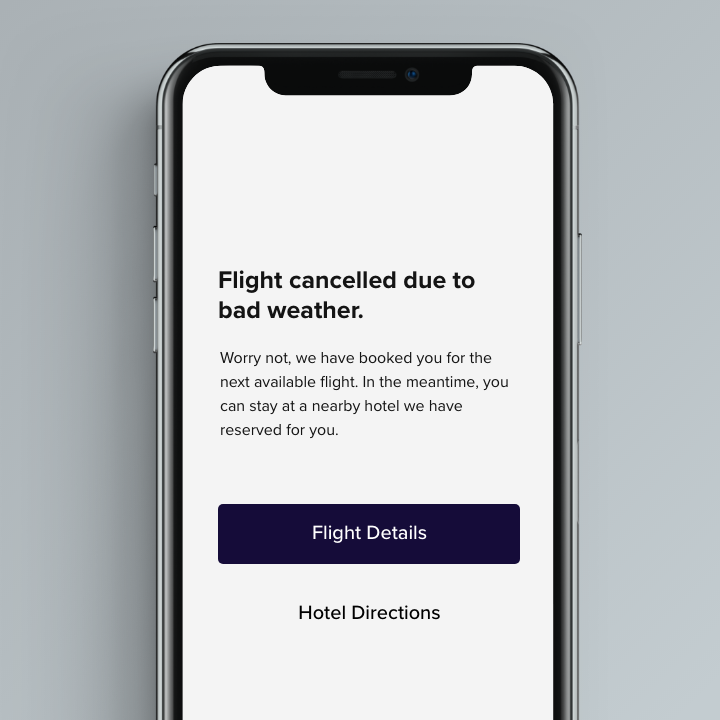 Message informing the flight was cancelled due to bad weather and buttons to see rescheduled flight and directions to booked hotel