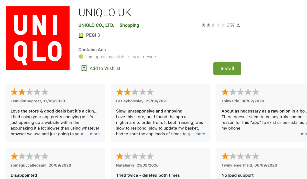 Negative reviews on UNIQLO's apps